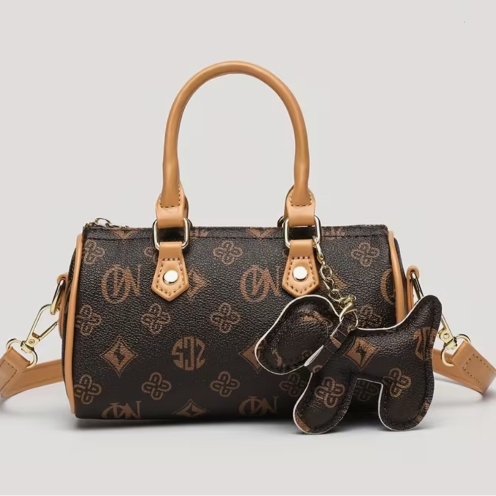 Brown Monogram Barrel Bag Designer Inspired with Puppy Charm & Golden-Tone NIP - Picture 9 of 13